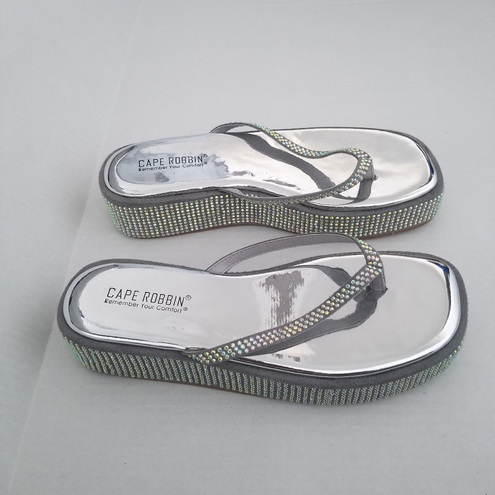 Fashion Nova Silver Platform Rhinestone Flip Flops